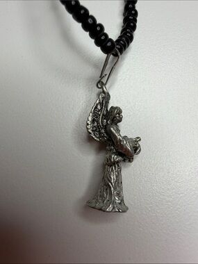 Vintage Silver Angel Pendant Necklace with Black Beaded Chain